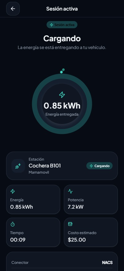 App móvil ITEVO con una sesión de carga EV activa en tiempo real